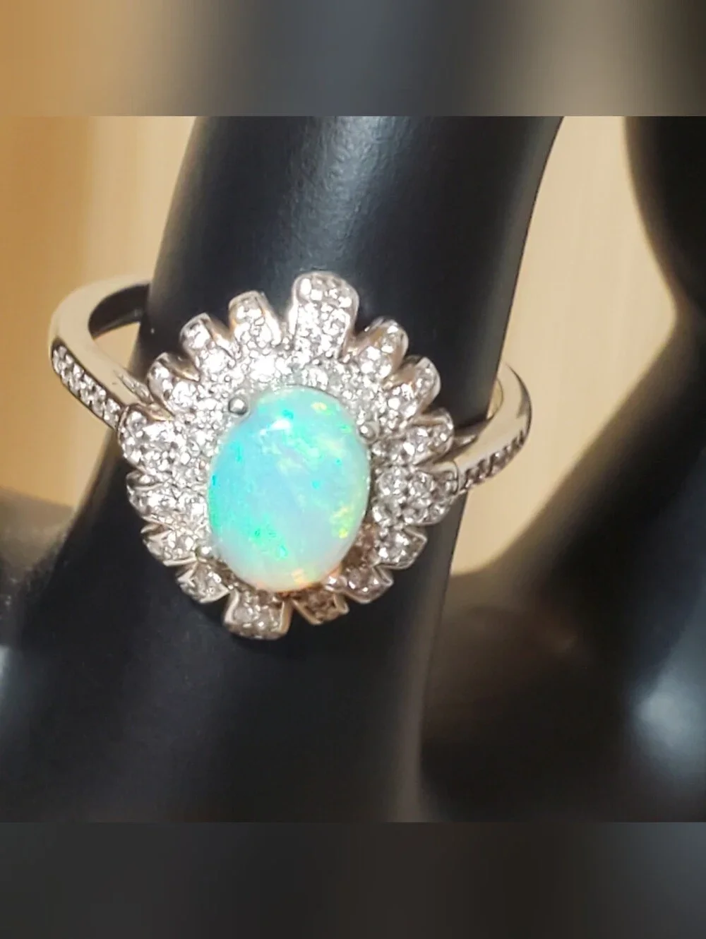 Sunburst Halo Australian White Opal CZ 925 Sterling Silver Adjustable Ring